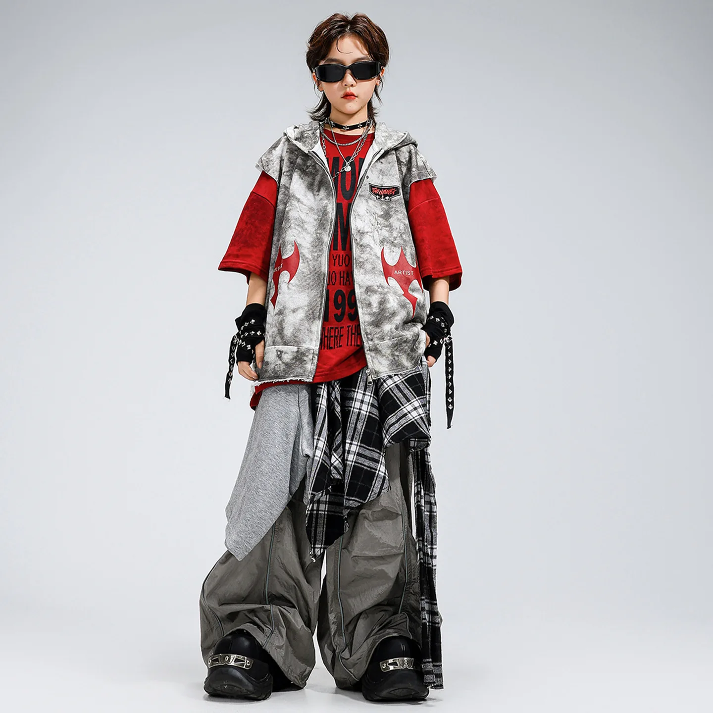 

Kid Kpop Hip Hop Clothing White Hoodie Vest Red Letter T Shirt Gray Casual Wide Seam Pants for Girl Boy Dance Costumes Clothes