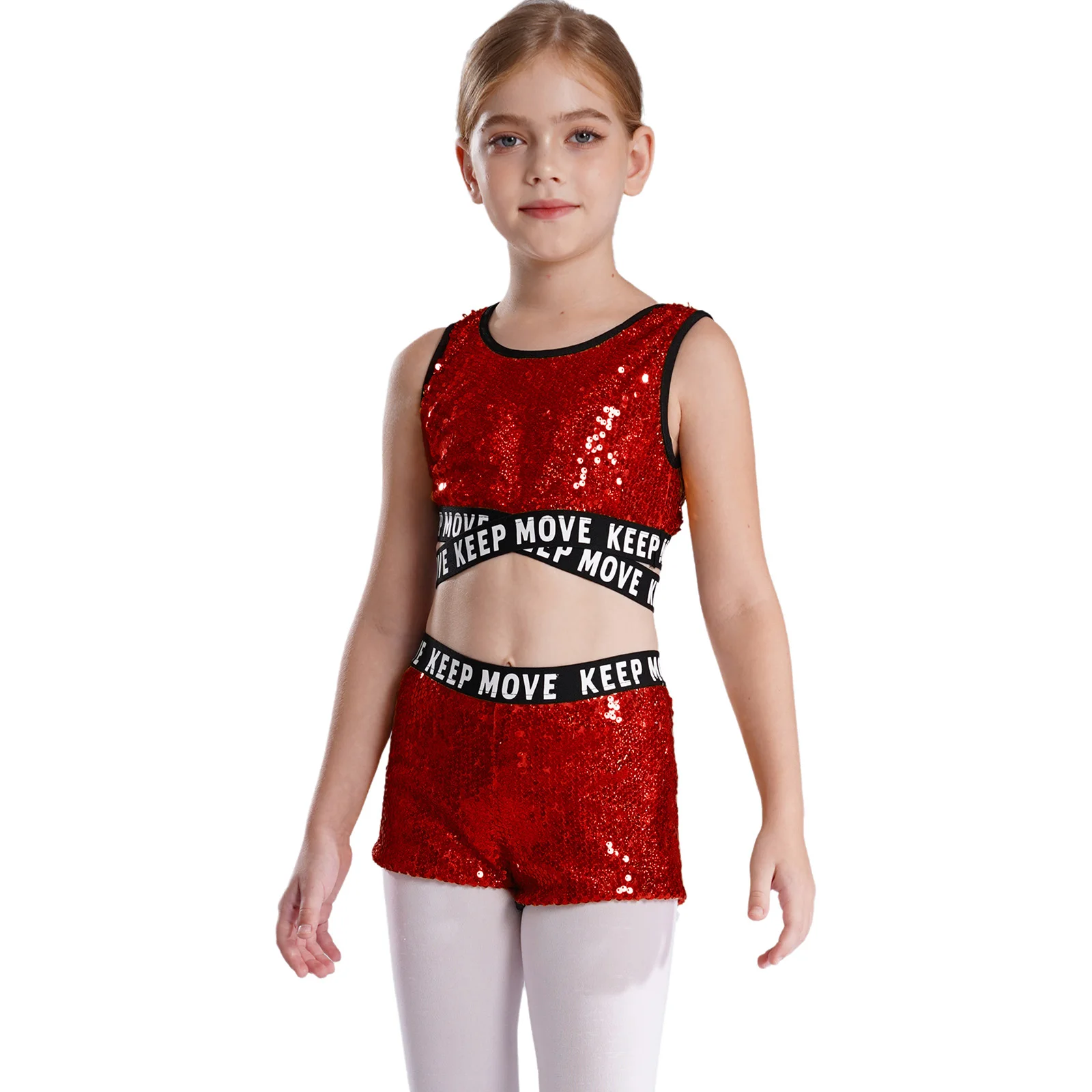 

Girls Sparkling Sequins Jazz Dance Set Sleeveless Criss Cross Straps Bottom Crop Top with Shorts Set for Stage Performance Wear