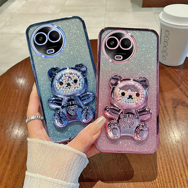 For Realme 11 5G Case Soft Silicone Bling Shockproof Electroplated TPU Cell Phone Casing For RMX3780 Back Cover Cute Bear Stand