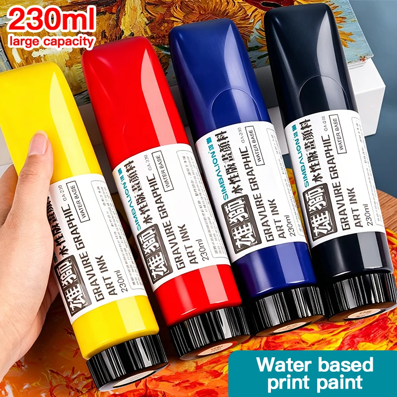 

Чернила для гравюры на водной основе 180/230 мл для печати на бумаге, картоне, линолеуме, дереве, для рельефной печати, мягких блочных поверхностях, пигментные.