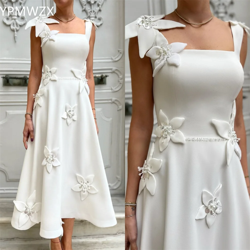 Customized YPMWZX Square Collar A-line Tea length Skirts Draped Applique 3D Flower Bespoke Occasion Dresses