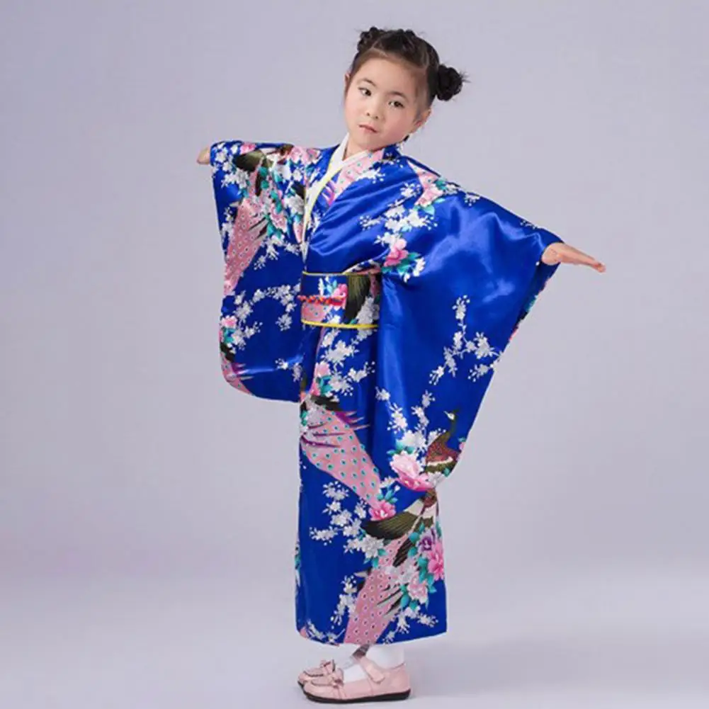 Kids Satin Floral Kimono Robe Girls Traditional Kimono Pajama Peacock Kimono Robe Bathrobe Girls Silky Satin Robes Sleepwear