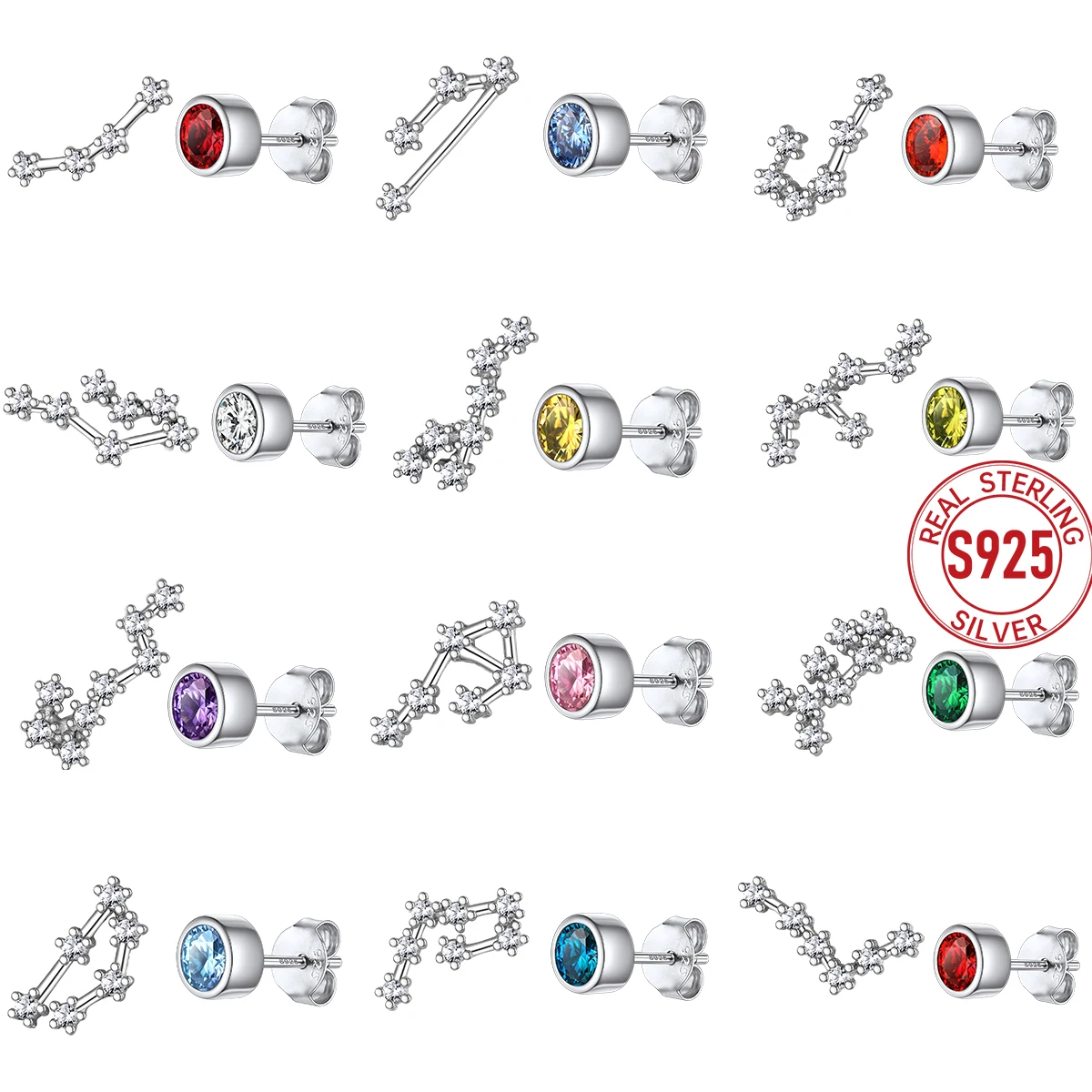 U7 925 Sterling Silver Asymmetrical Zodiac Birthstones Stud Earrings Birthday White CZ Paved Constellation Jewelry for Women