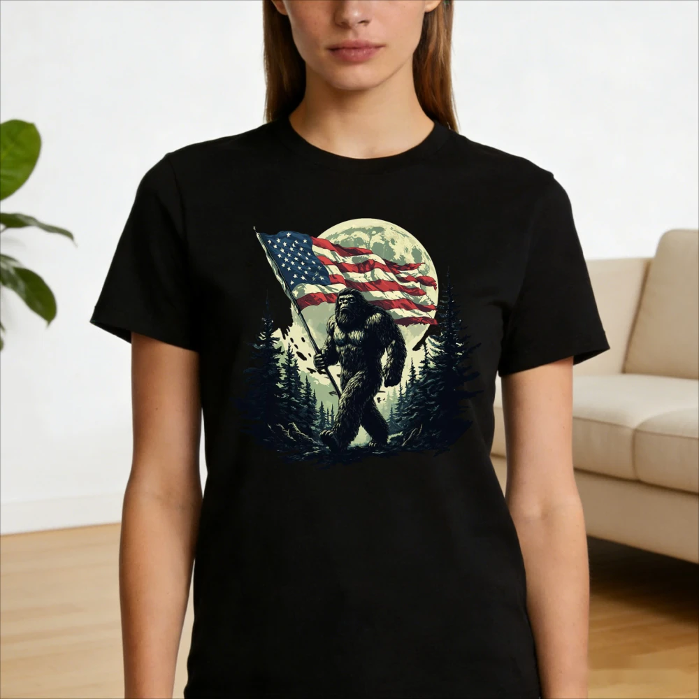 Bigfoot American Flag Patriotic T-Shirt Veteran 4th July Gift Shirt Unique Wild Nature Patriotism Tshirt Men Unisex Cotton Tops