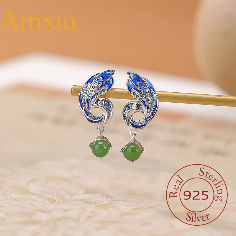 

Amxiu Sterling Silver 925 Natural Hetian Jade Blue Peacock Enamel Round Bead Ethnic Style Earrings