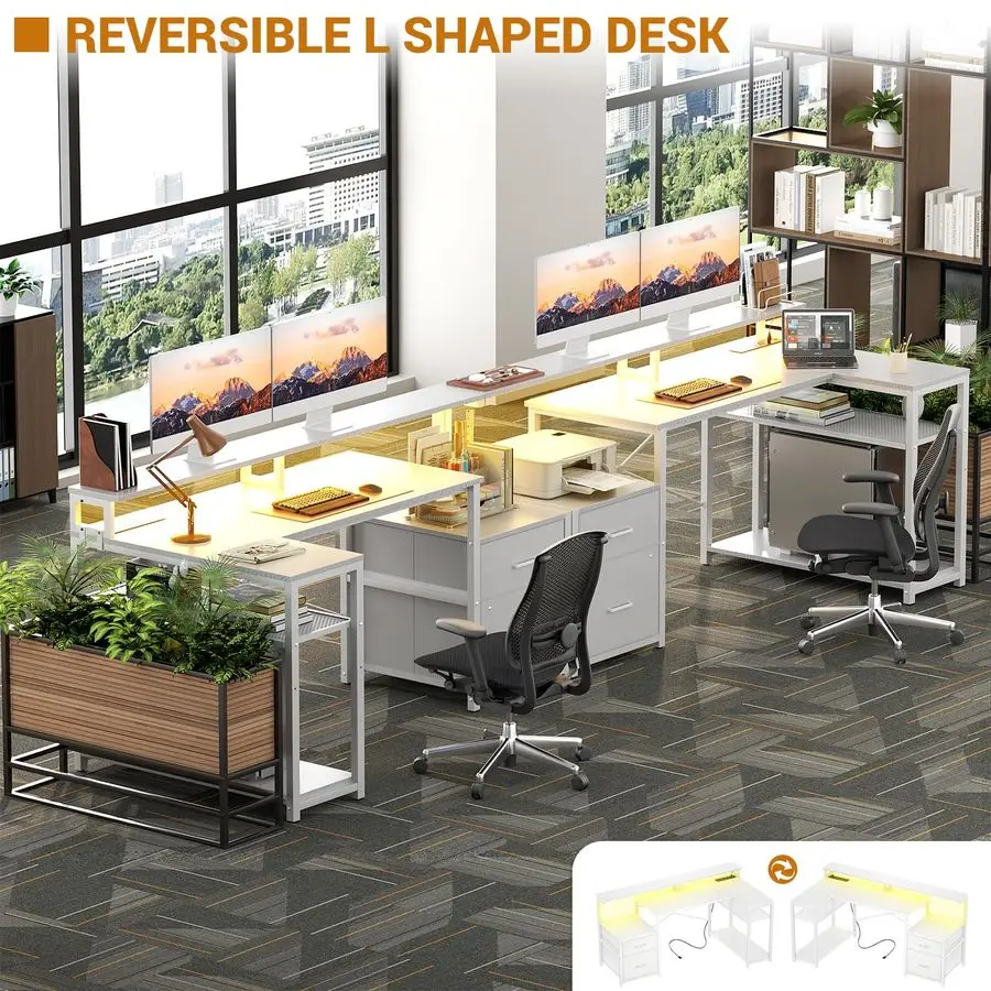 L Shaped Desk with File Drawer, Reversible L Shaped Computer Desk Gaming Desk with Power Outlet amp LED Strip, Home Office Desk
