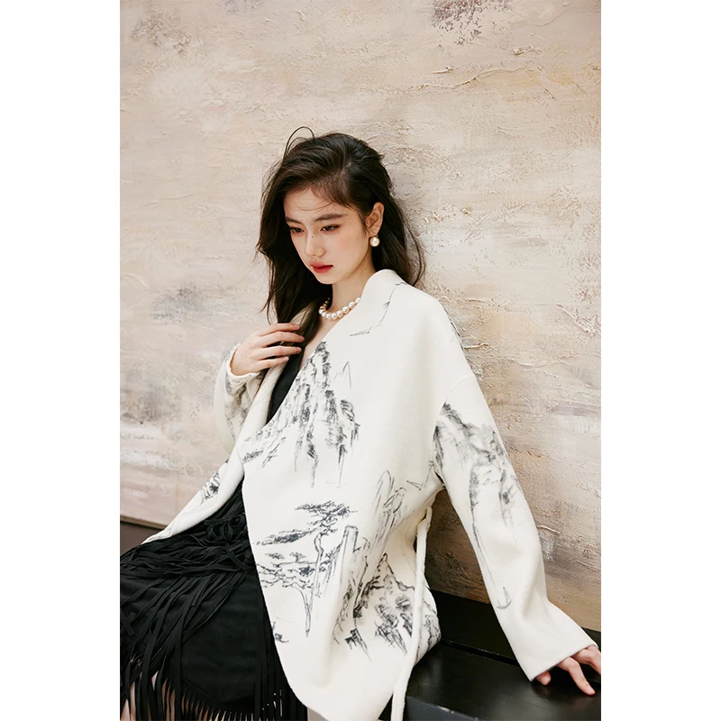 

Новое шерстяное пальто Rosebanks в китайском стиле с асимметричным дизайном, черно-белое, с принтом, двустороннее, средней длины, для женщин