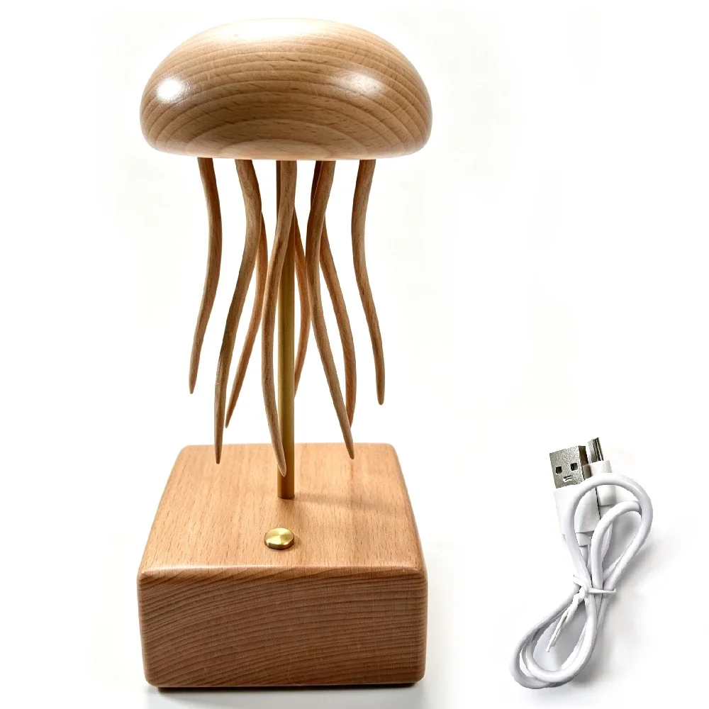 Kinetic Art Wooden Jellyfish Automaton, Sculpture with Lifelike Silent Swinging Tentacles, Unique Desktop Decoration & Collector