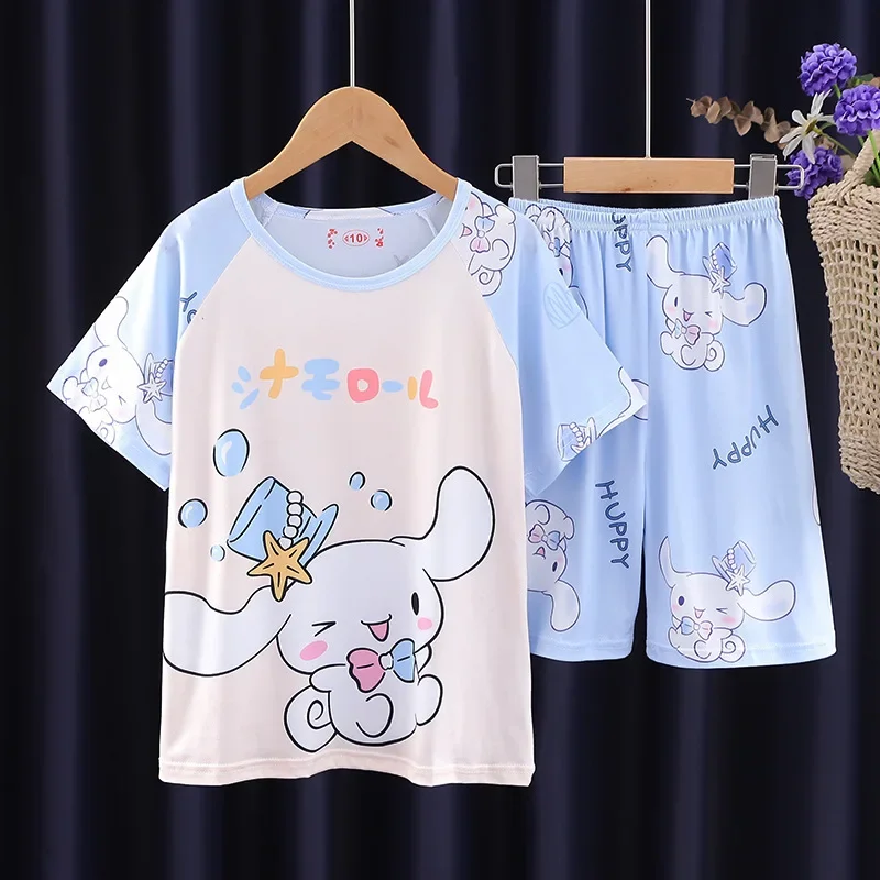 Summer Sanrio Children Pajamas Suit Cute Kuromi Kids Sleepwear Home Clothes Anime Kuromi Cinnamoroll Children Short Sleeved Set