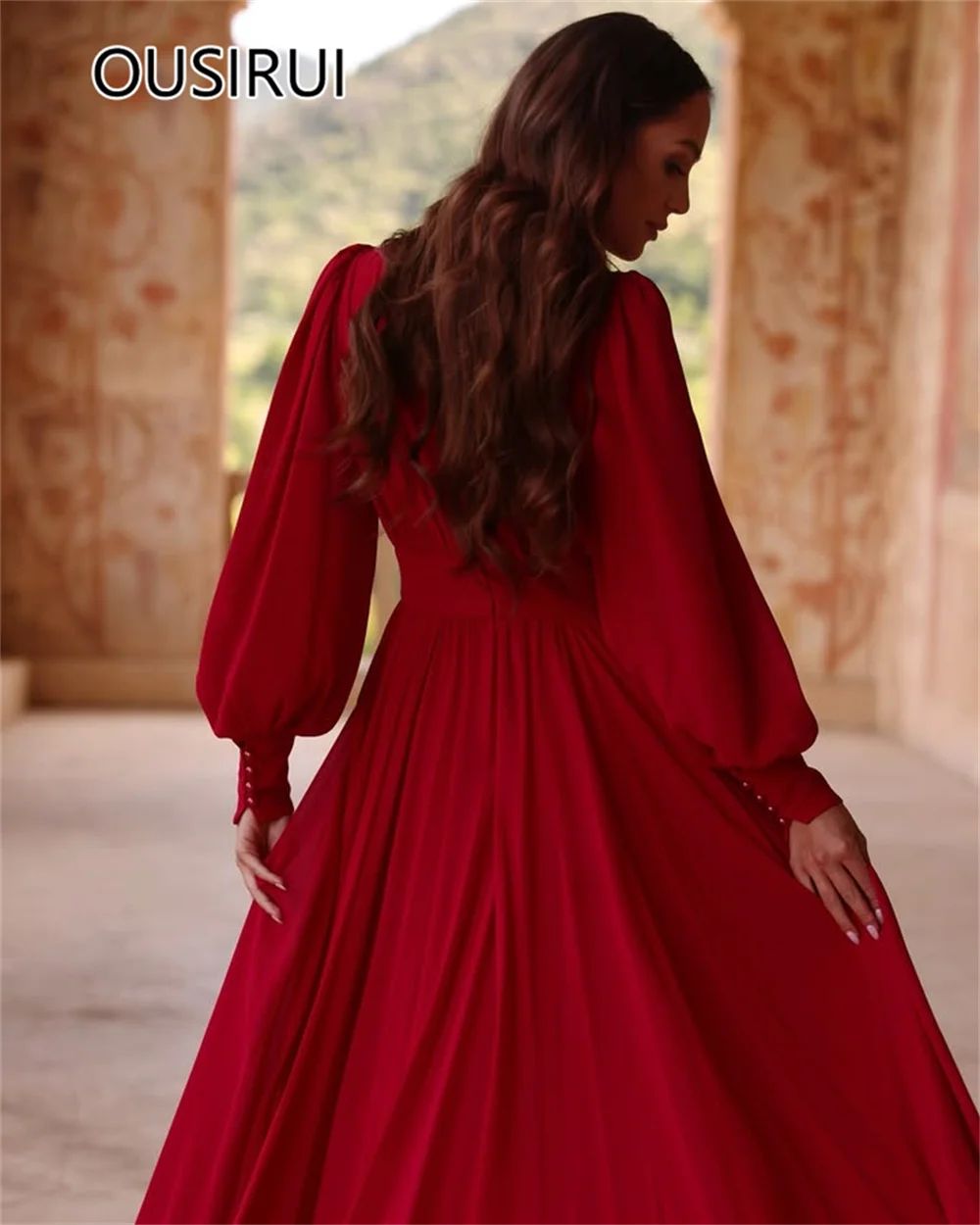 Robe de soirée trapèze en mousseline de soie à col en V pour femmes, longueur au sol, dos nu, court fluide, robe de soirée de Rh, manches longues, occasion spéciale