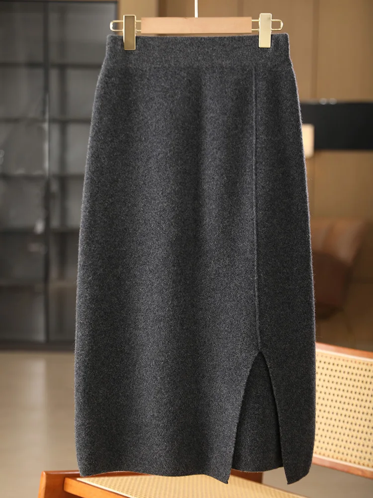 Autumn Winter Women’s Wool Skirts Office Lady Cashmere Skirts Split Hemline Chic 100% Merino Wool Knitted Gentle Soft Cozy Dress