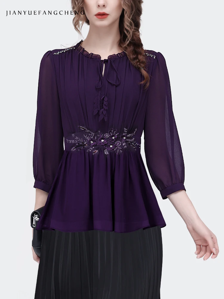 2024 Spring/Summer French Style Pleated Chiffon Shirt Top Women\'s Purple Beaded Cinched Waist 3/4 Sleeve Bottom Applique Blouses