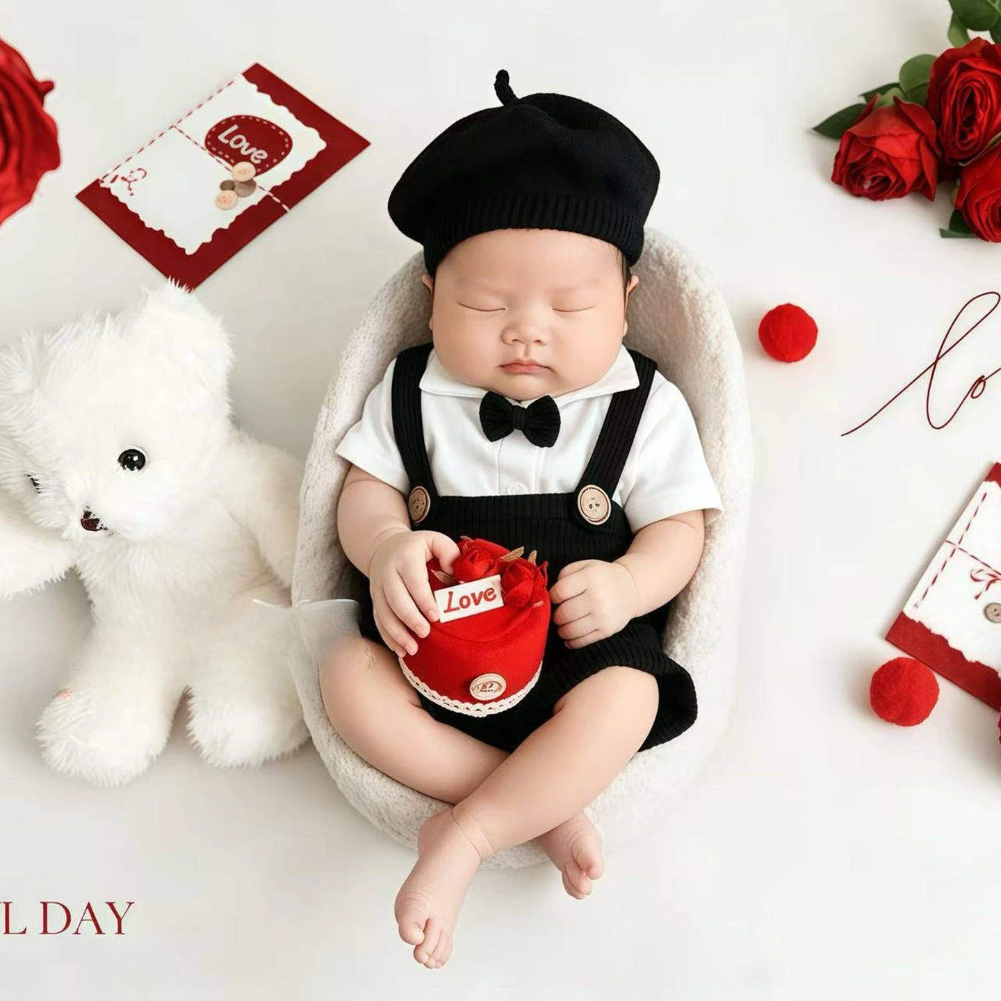Newborn Photography Props Little Painter Baby Photo Outfit Studio Boy Costume Moon with Bear Roses and Heart Decors Theme Set