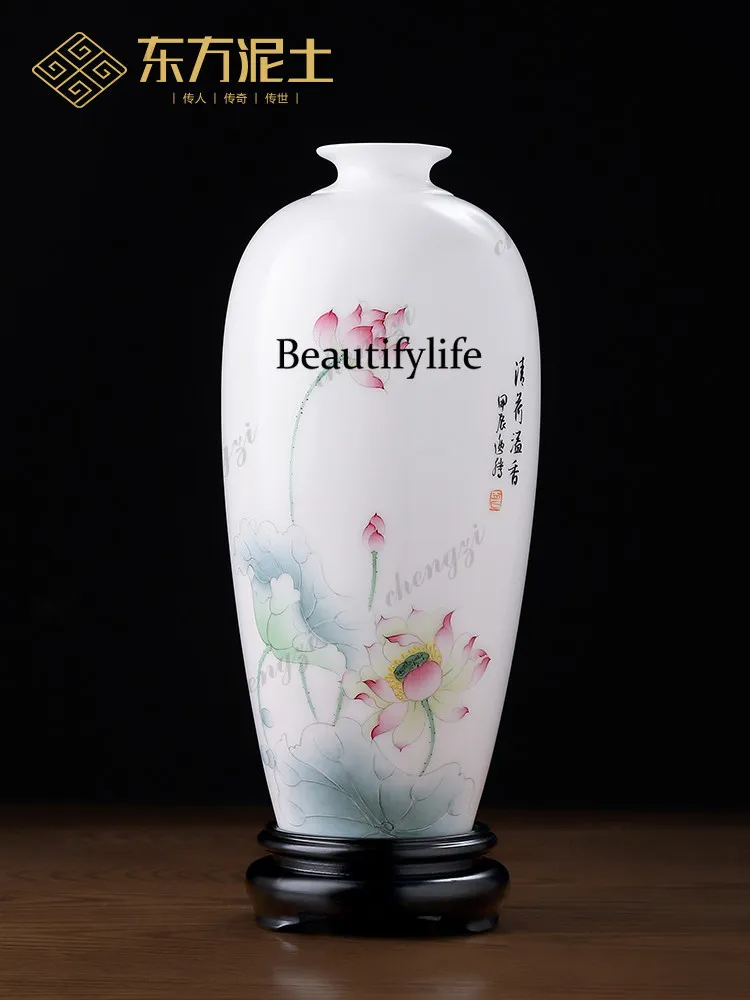 Chinese high-end hand-painted lotus ice seed jade ceramic vase living room entrance wine cabinet decorative ornament