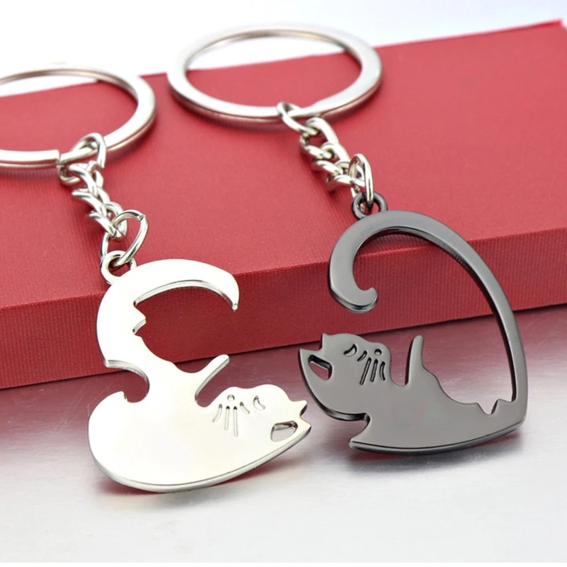 for Creative Couple Keychain Black White Matching Puzzle for Cat Animal Charm Pendant Heart Shaped Metal Keyring Valentines