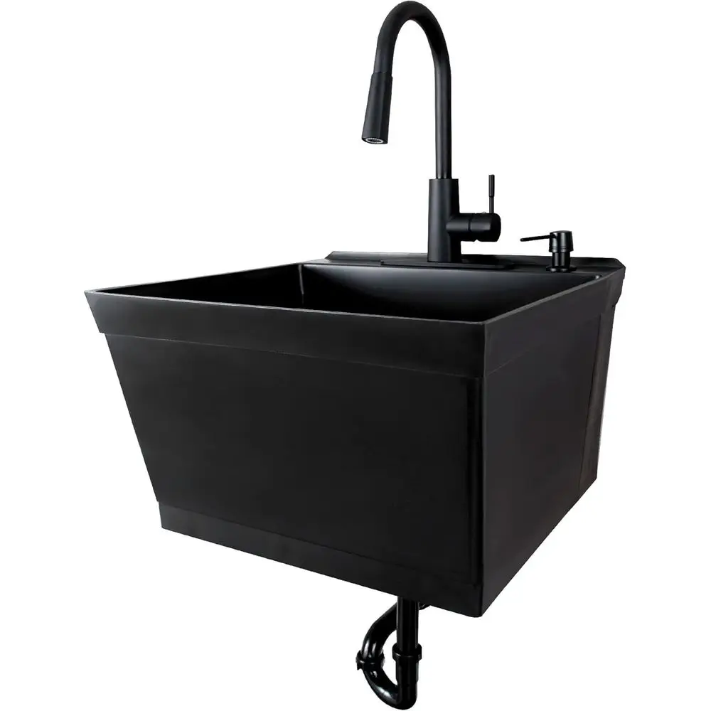 

Tehila Black Wall-Mounted Utility Sink Tub Kit with Black Pull-Down Faucet, Wall-Mounted Utility Tub with Wall Bracket for Laund