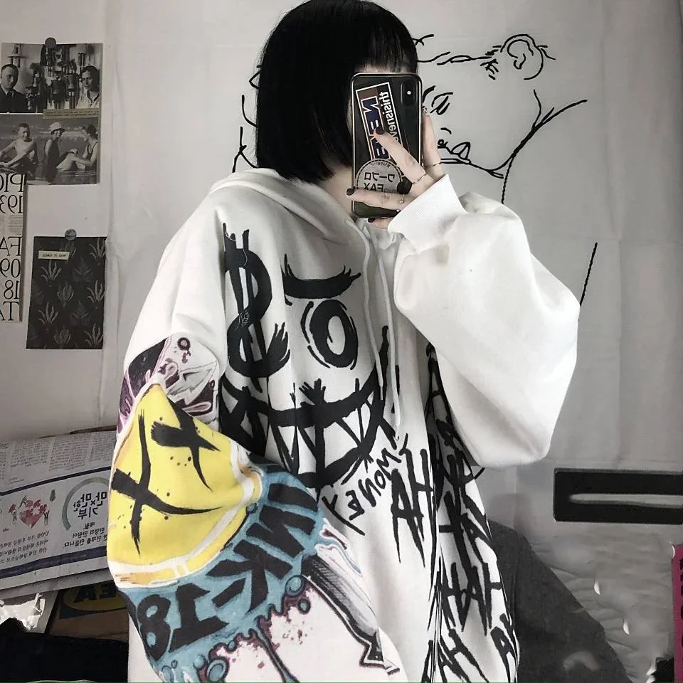 Sweats à capuche de dessin animé gothique pour femmes, sweat à capuche surdimensionné, manches longues, Hip Hop, japonais, punk drôle, PVD, automne