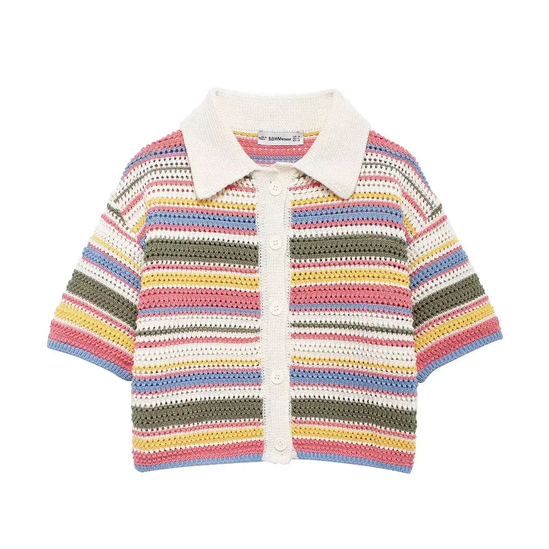 TRAFZA Casual Rainbow Knitted Sweaters Women Short Sleeve Buttons Short Cardigans Fashion 2024 Autumn Y2K Girl Streetwear Tops