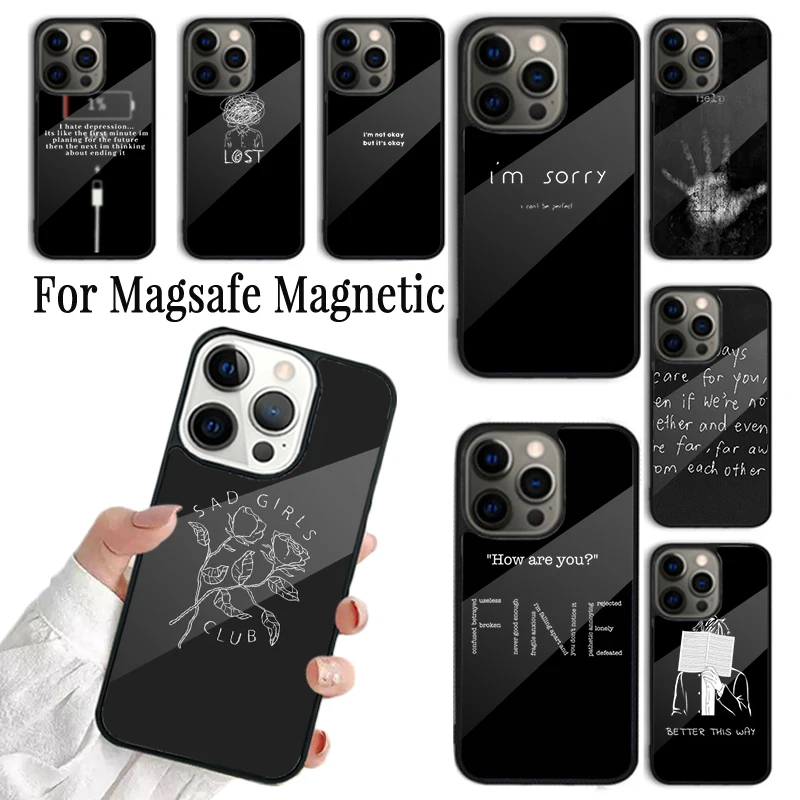 Phone Case For iPhone 16 15 14 13 12 11 Pro Max Plus Magsafe Magnetic Wireless Cover Sad depression Black Word Aesthetic