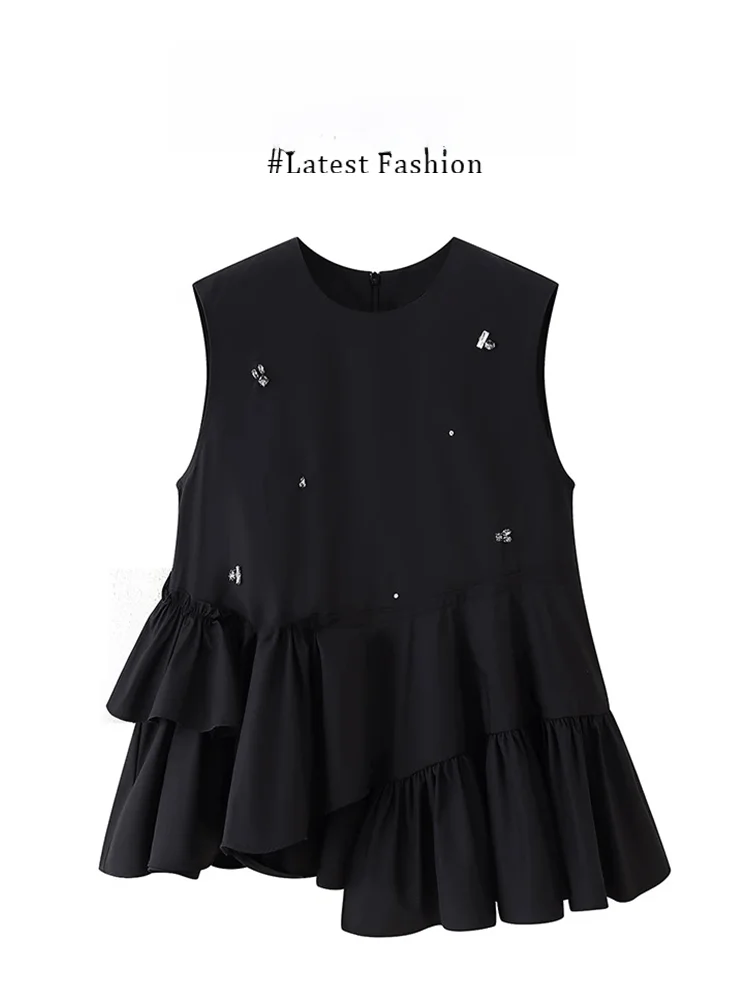 

Parkyeon2025 Summer Modern Rhinestone Lace Sleeveless Women's Shirt Irregular Design French Style Loose Fit Polyester Fabric