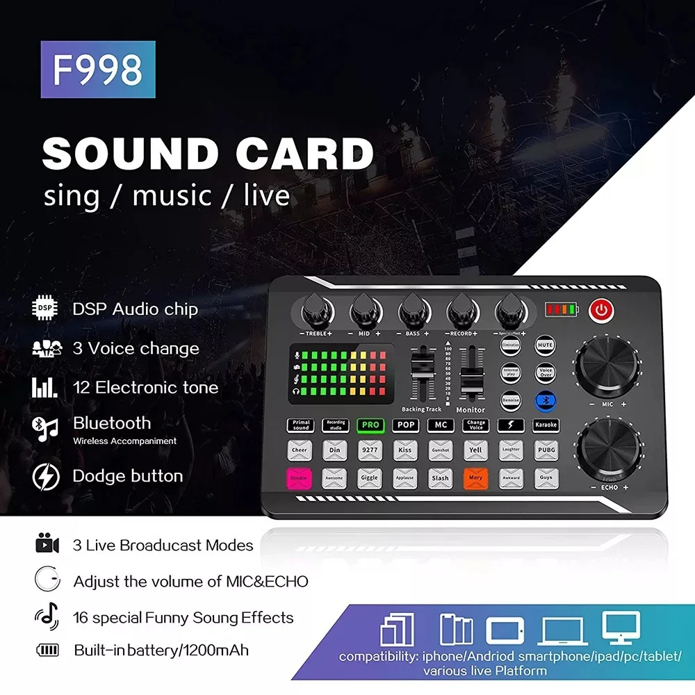 #DJ Equipment Microphone Sound Card Console Studio Sound Card Kit Cable Phone Mixing Computer Live Voice Mixer F998 Sound Card