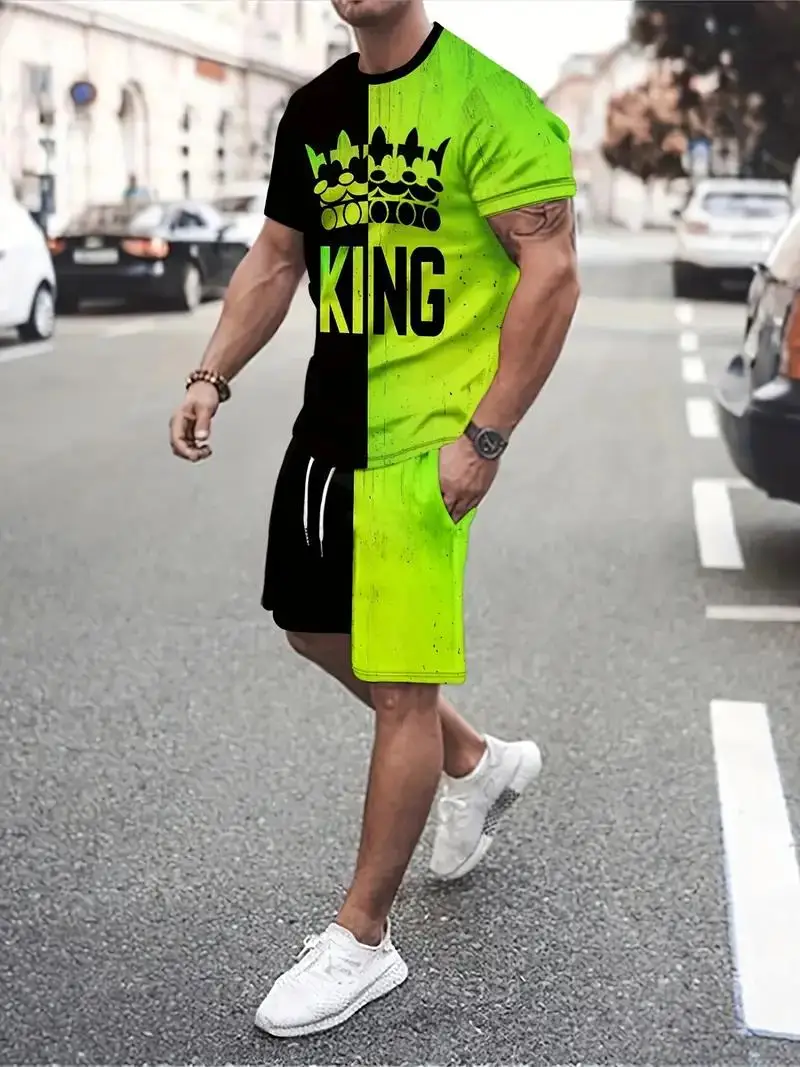 Summer men\'s short sleeved set, casual street clothing, two-piece T-shirt+shorts fashion men\'s clothing, US sizes clothes