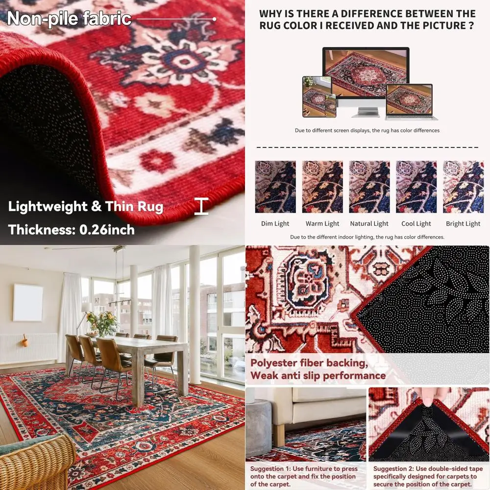 

Boho Chic 4x6 Area Rug, Machine Washable, Low Pile for Bedroom, Floral Vintage Distressed Carpet for Dining Room, Red