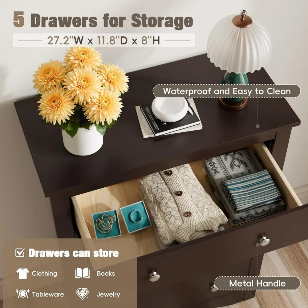 خزانة غرفة نوم طويلة مكونة من 5 أدراج، منظم خزانة ذات أدراج، أثاث تخزين مدخل المدخل، لمسة نهائية بنية #4