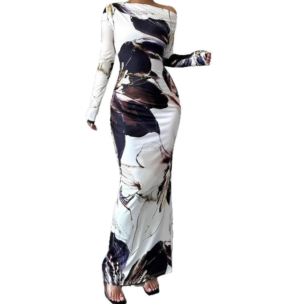 فساتين حريمي 2025 ربيع وخريف جديد خارج الكتف فستان نحيل أنيق زهرة مطبوعة خارج الكتف فساتين طويلة الأكمام الورك #6