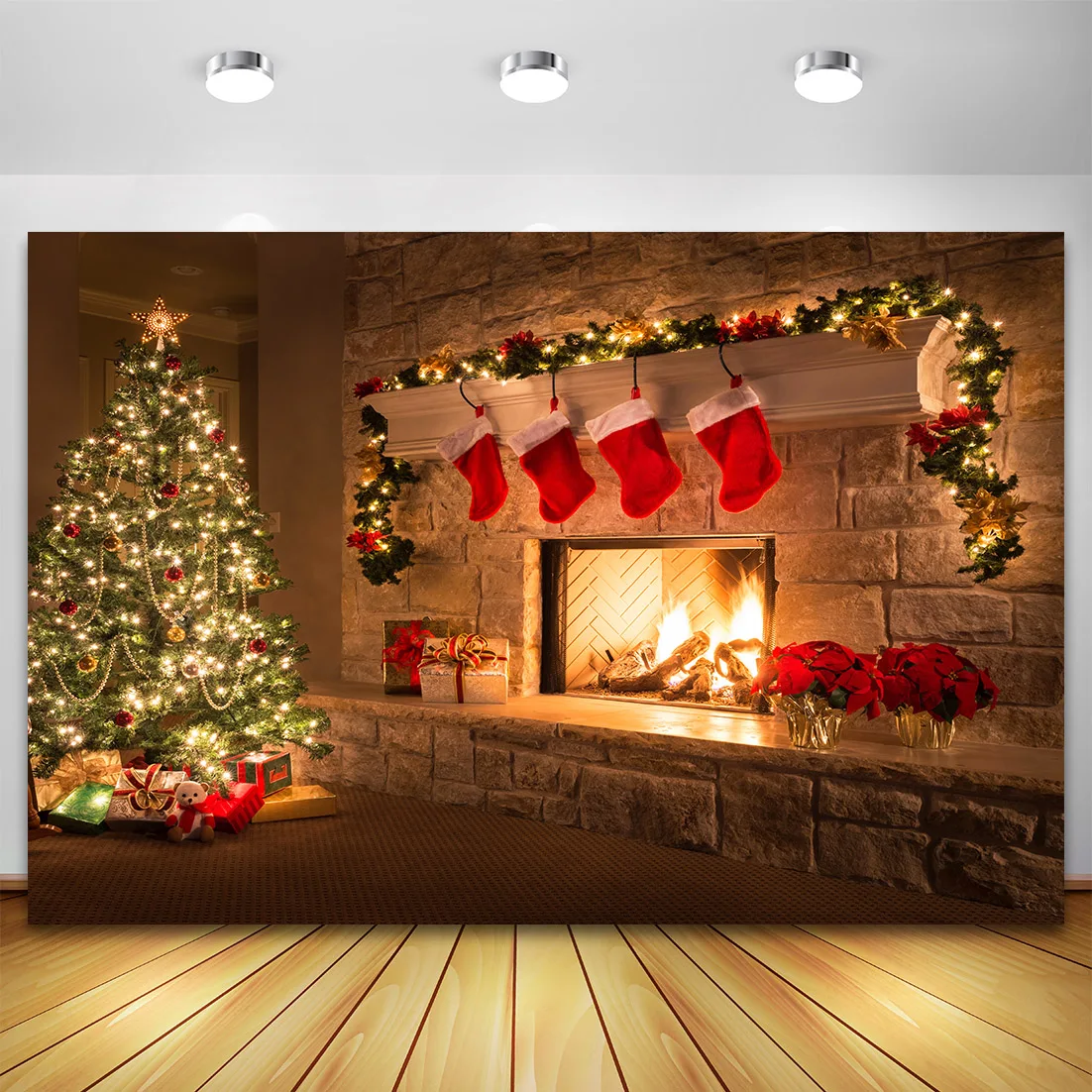 Christmas Photography Backdrop Photo Studio Xmas Tree Fireplace Gift Santa Clause Winter Family Party Decor Kid Photo Background