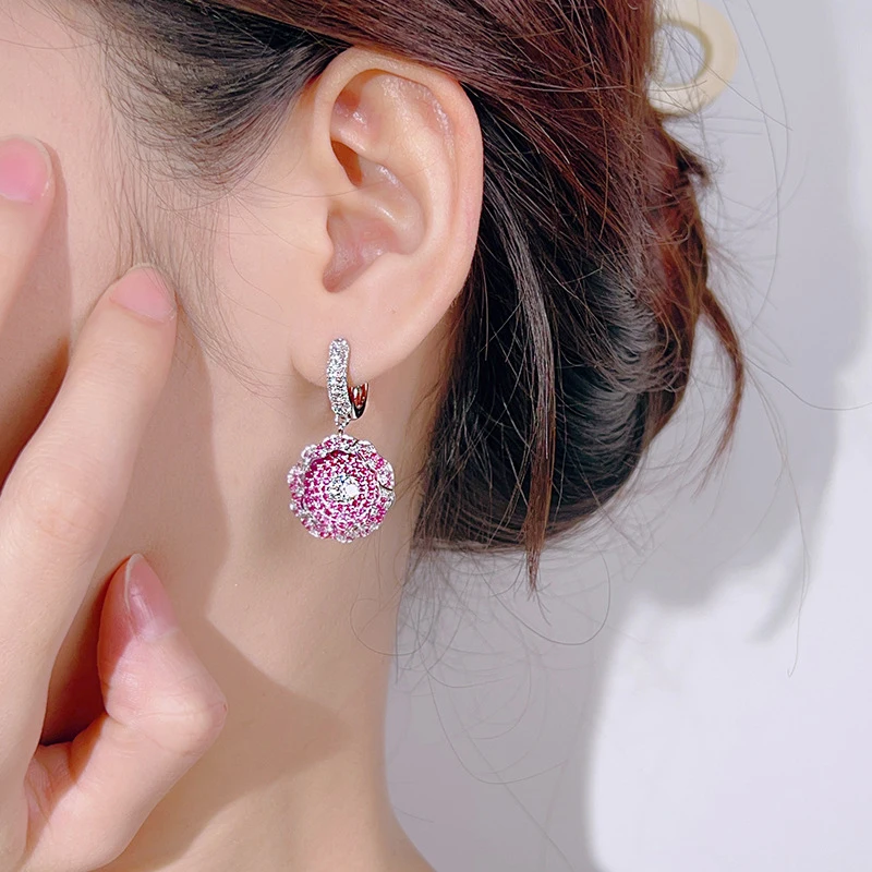 Gold-plated copper earrings with full diamond inlay, light luxury hollow ruby fashion women's earrings, available in stock and c