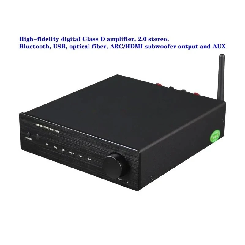 High-fidelity digital Class D amplifier 2*50W, 2.0 stereo, Bluetooth, USB, optical fiber, ARC/HDMI subwoofer output and AUX