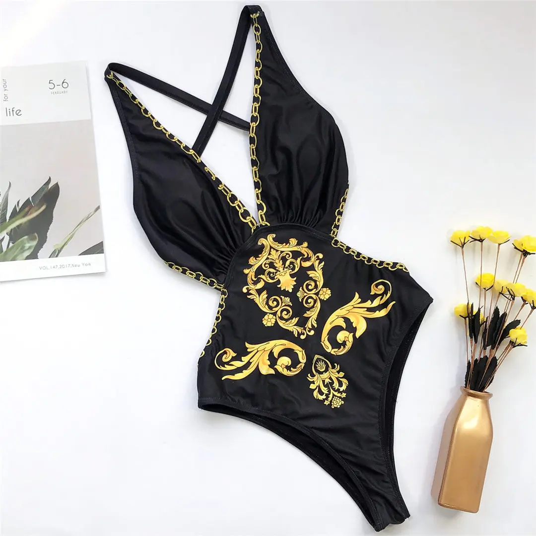 2026 Schwarzer V-Ausschnitt Damen-Badeanzug Einteiliger Badeanzug für Frauen Bedruckter Badeanzug mit Kreuzrücken-Bodysuit Damen V1807 – Detail 8