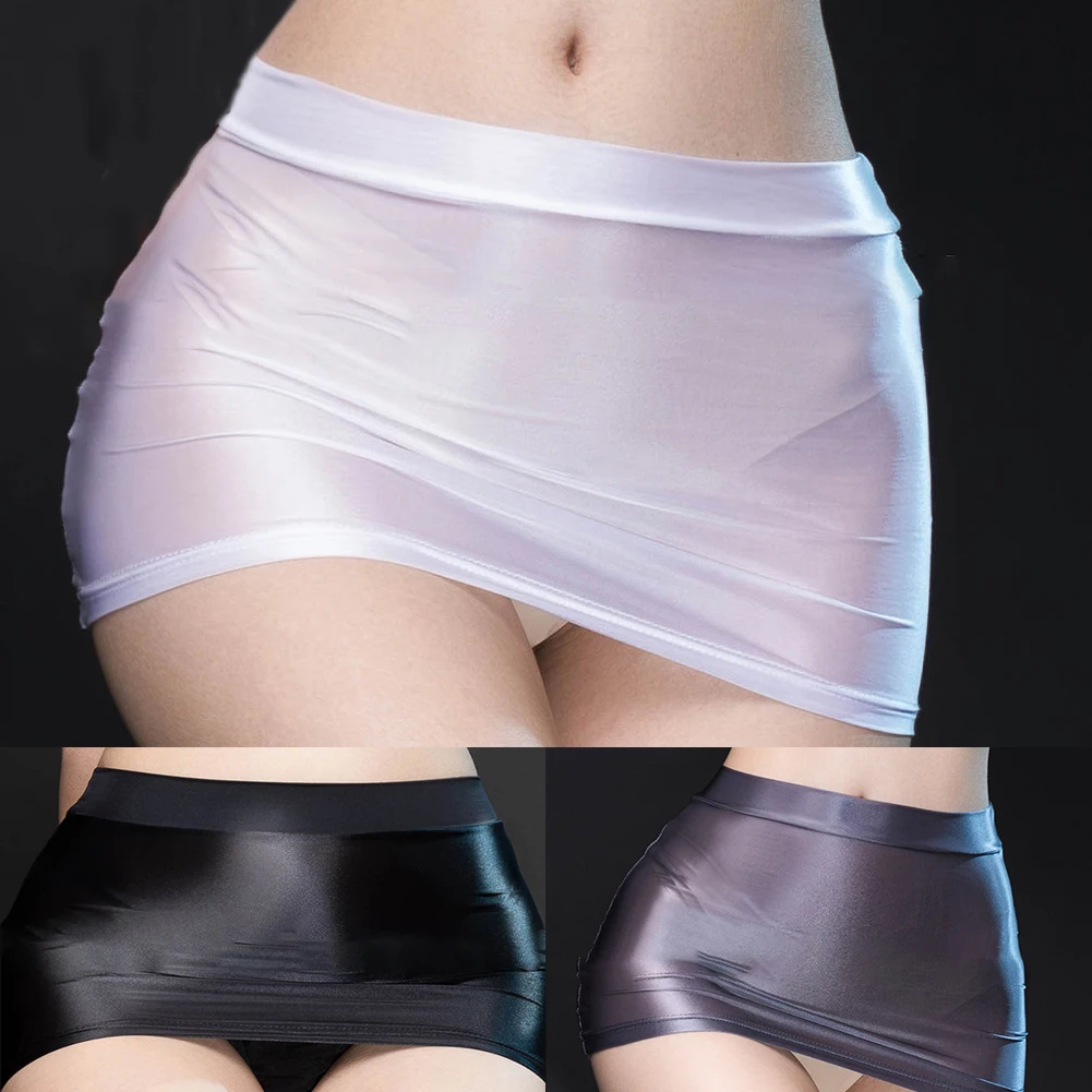 Comfy Hot Stylish แฟชั่นคลับผู้หญิงกระโปรง Clubwear Glossy ต่ําเอวแห้งเร็วดูผ่าน SHEER สีทึบ