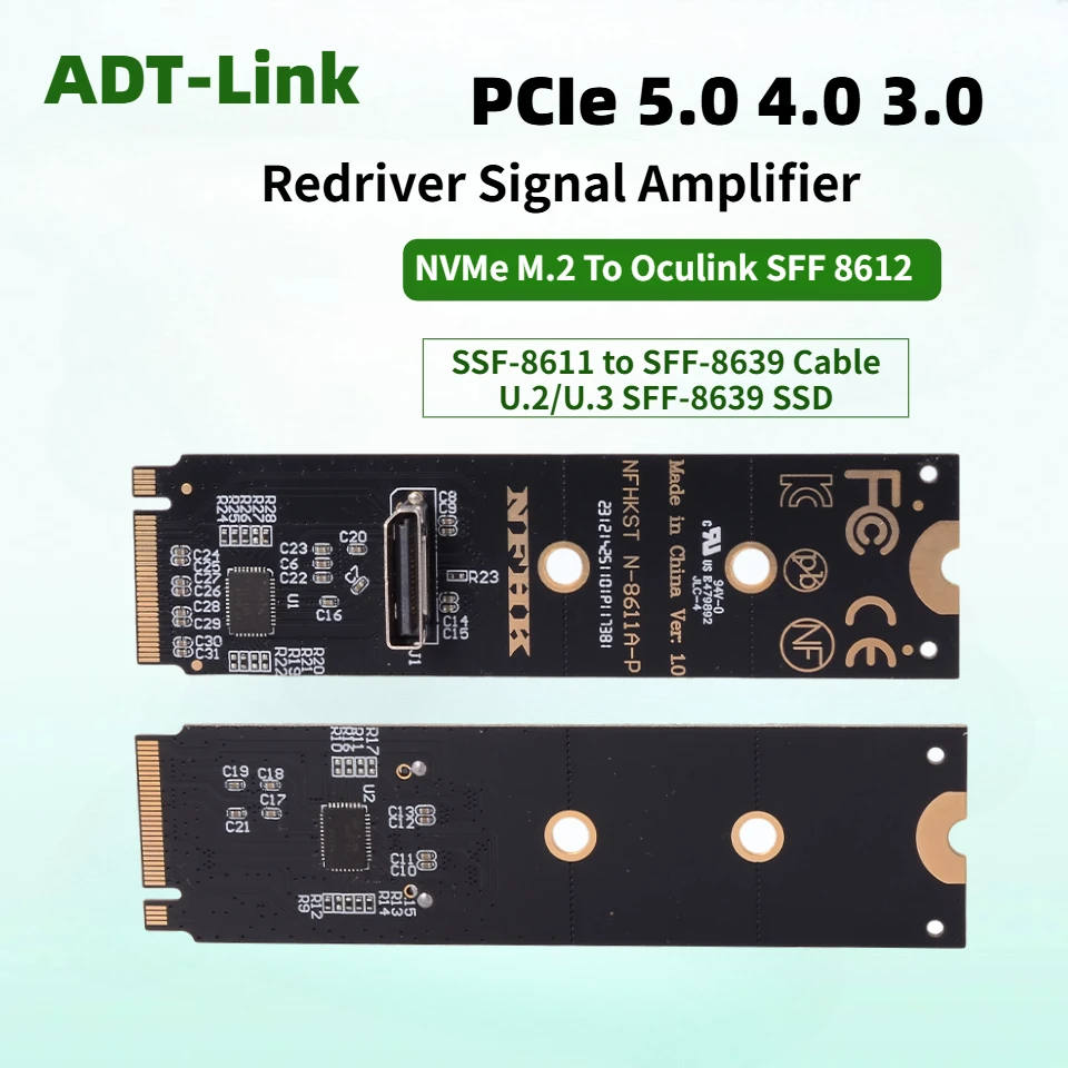 NVME To OCulink Riser Card M.2 M Key 2280 To SFF-8612 Adapter Converter Redriver Signal Amplifier 90 Degree U.2/U.3 SFF-8639 SSD