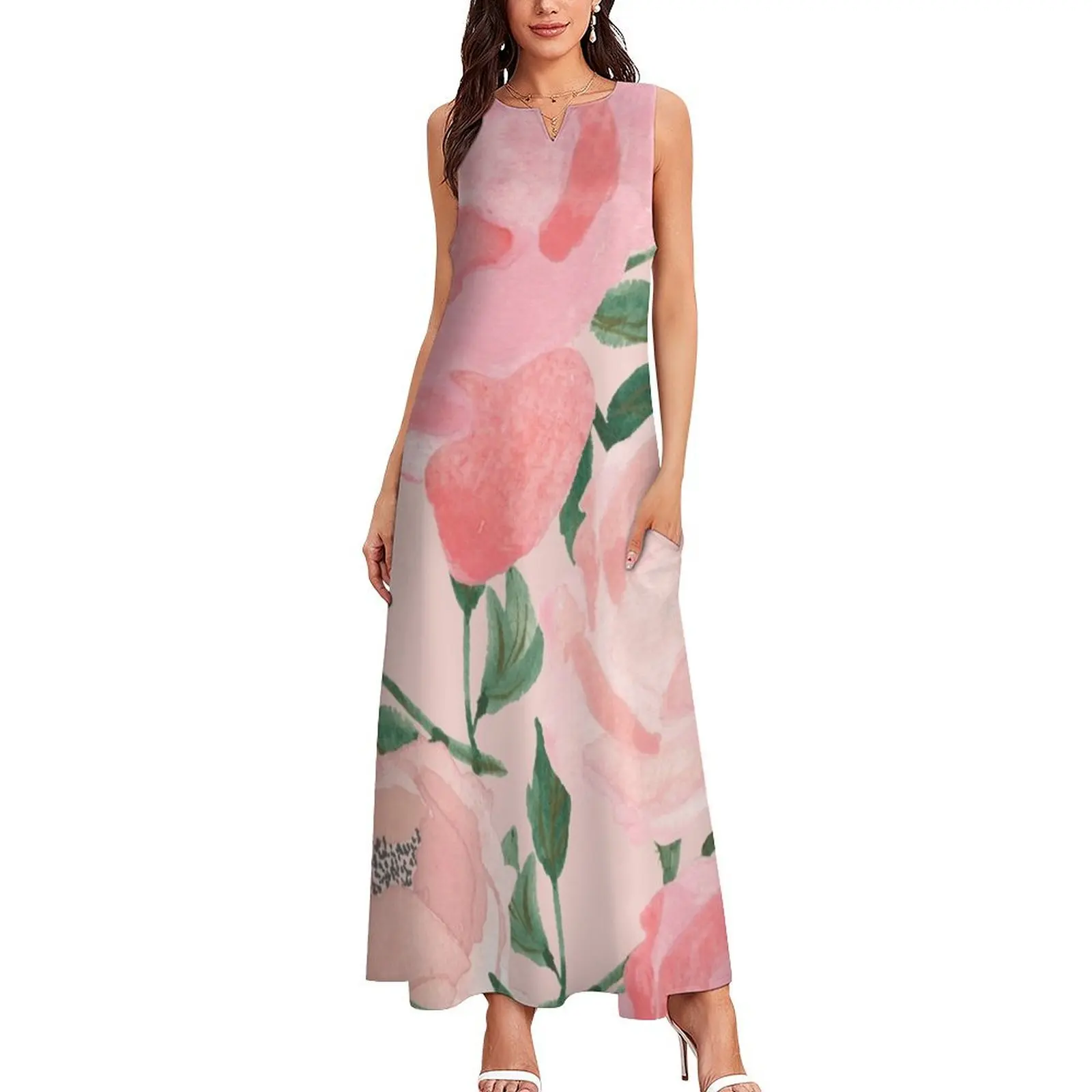 Pink Peonies Watercolor on Blush Long Dress Women's clothing Long dress women dress