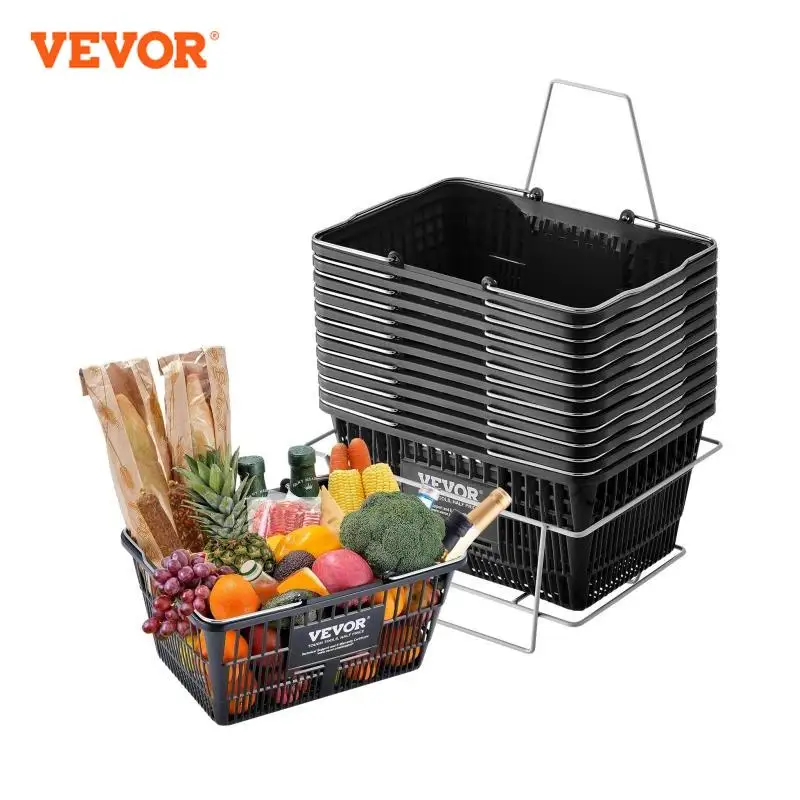 VEVOR 12PCS Shopping Basket 21L with Metal Handle & Stand Portable Plastic Shop Grocery Basket for Store Supermarket Grocery