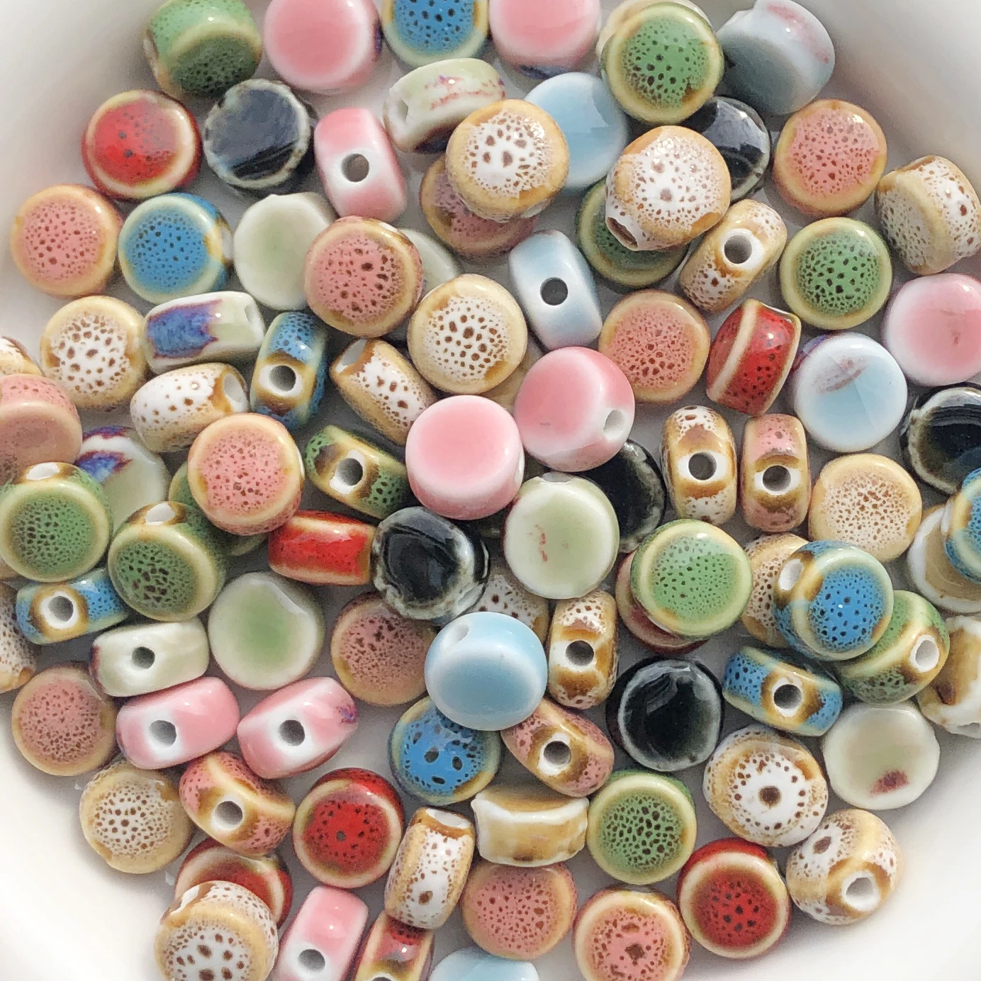 10Pcs Multicolor Flat Round Floral Glaze Ceramic Beads 11mm Spacer Charm Bead for DIY Jewelry Making Necklace Beaded Accessories