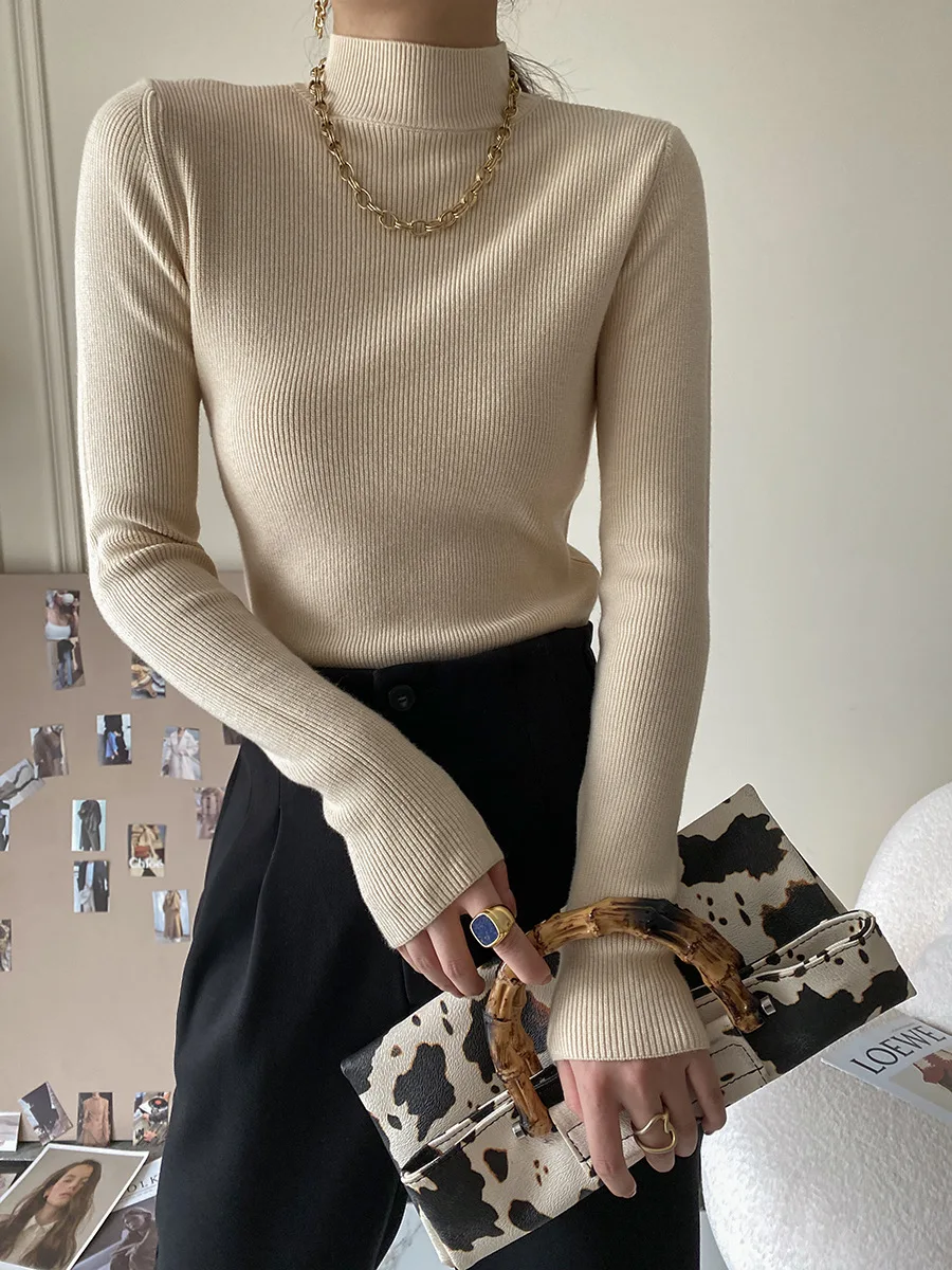 2025 New Arrival French Style Women's Half Turtleneck Long Sleeve Slim Fit Knitted Sweater - Basic Layering Top