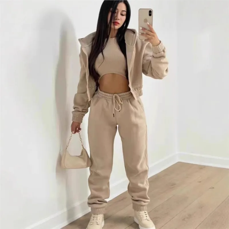 Women's 3 Piece Sets Suit Casual Long Sleeve Zip Hoodies Tank High Waist Sweatpants Jogger Pant Suits Sporty Three Pieces Outfit
