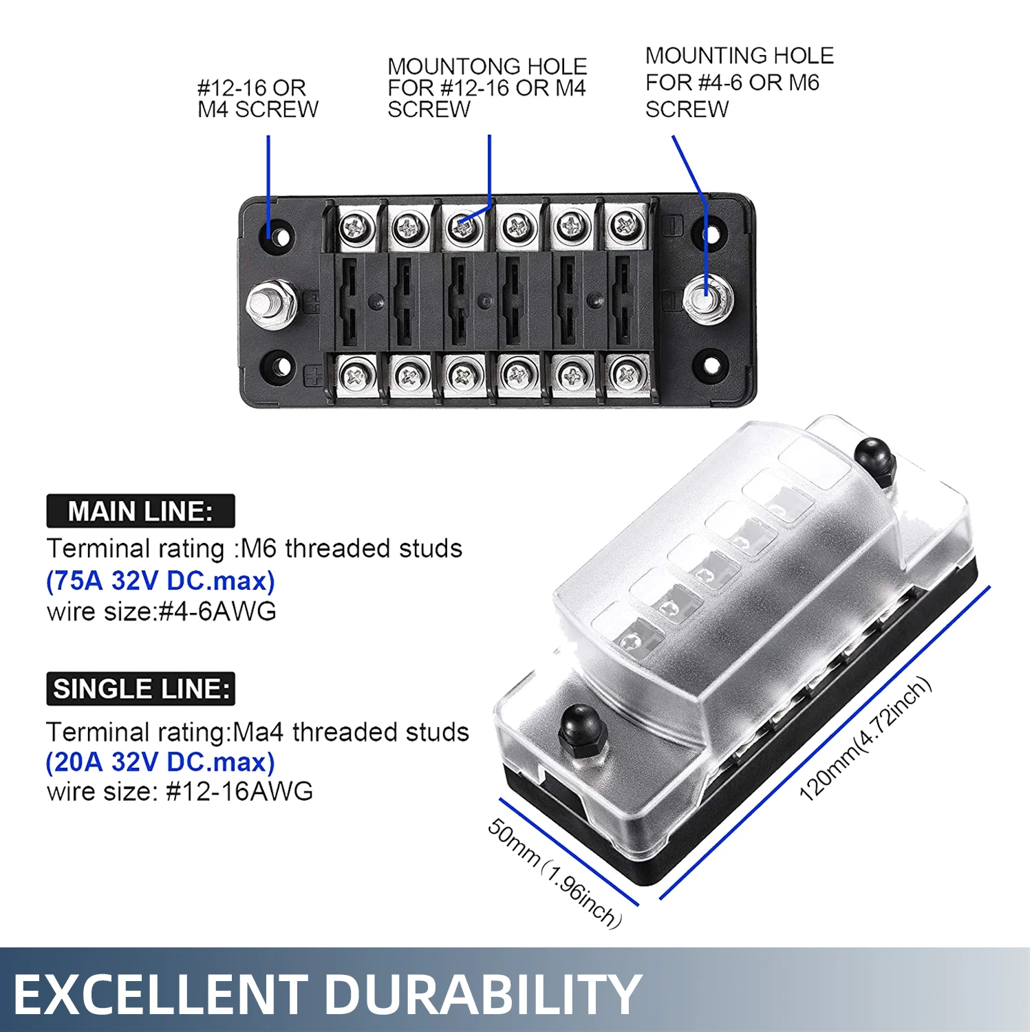 6 Way Fuse Block Blade Fuse Box with Negative Bus for 12V 24V Automotive Car Truck Boat Marine RV Power Distribution Panel Board