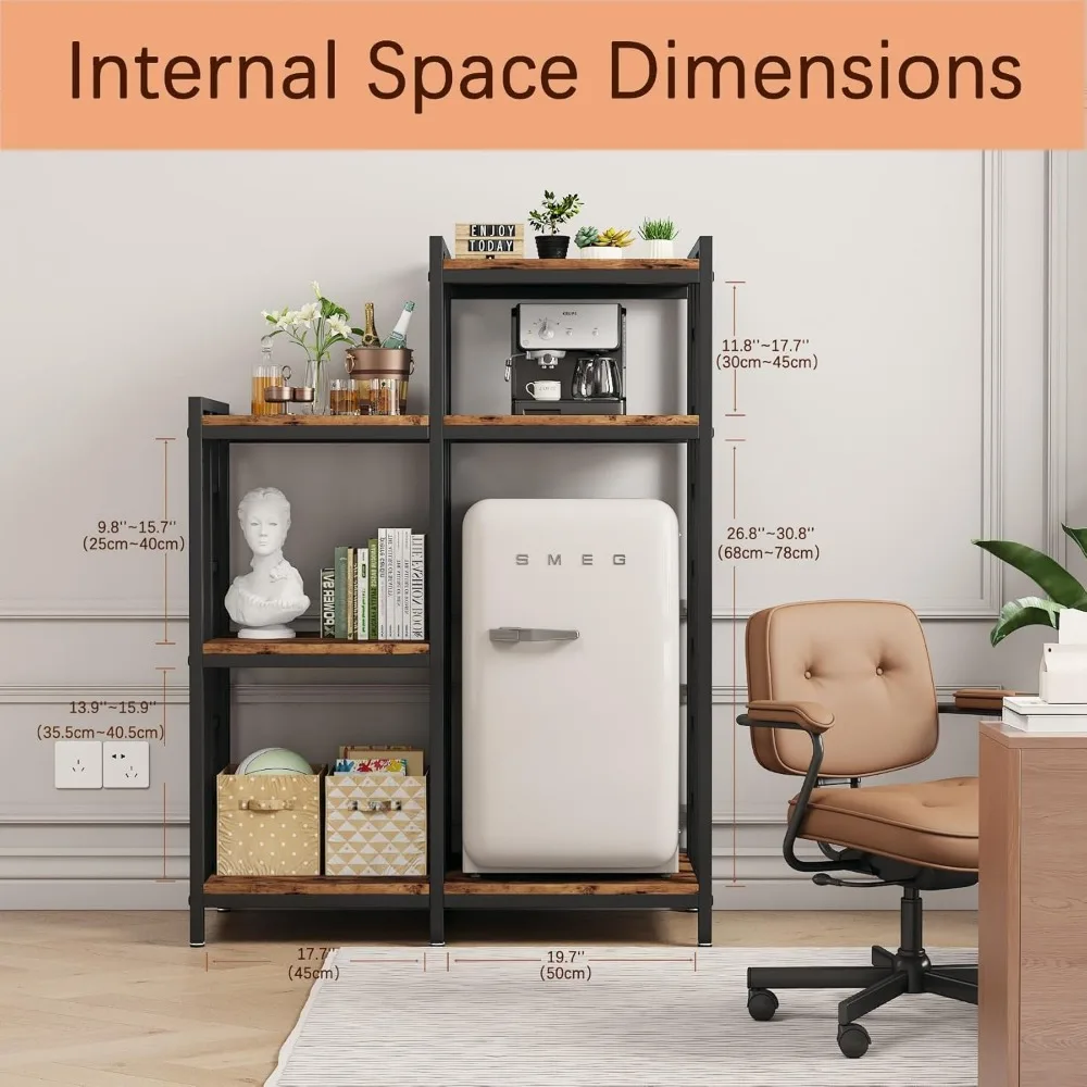 رف تخزين المطبخ مكون من 6 طبقات مع رف أدوات، وثلاجة صغيرة وحامل ميكروويف، وبار قهوة، ومستويات قابلة للتعديل