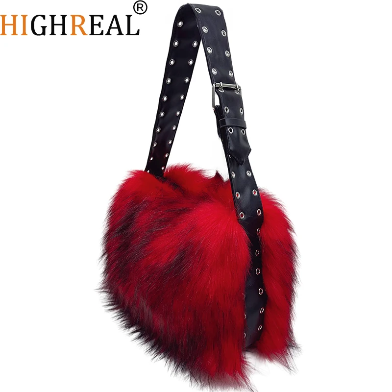 

Candy Color Faux Fur Bags for Women Shoulder Bag Winter Fluffy Plush Handbags Luxury Designer Studded Wide Strap Tote Bag New