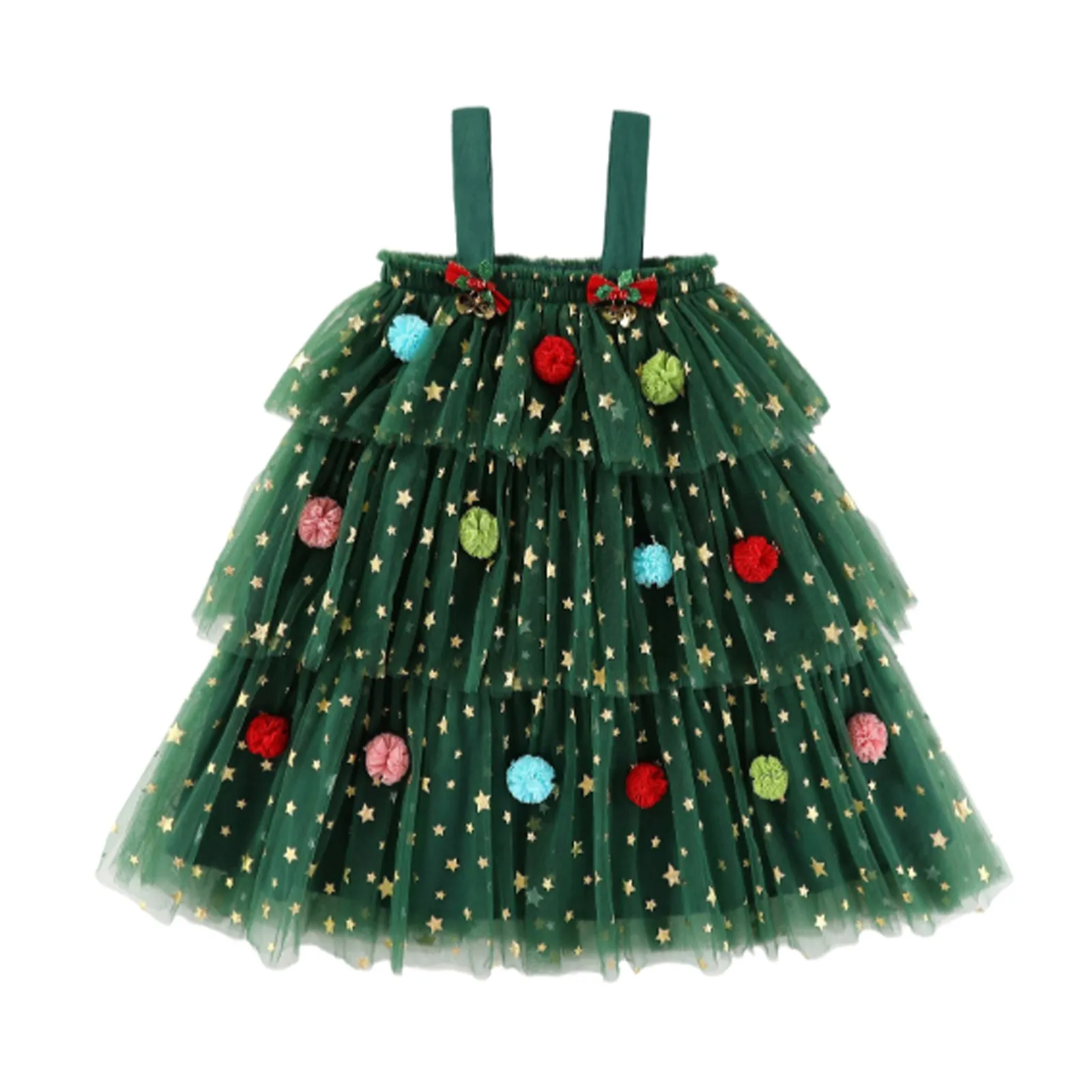 Christmas Costume Kids Girls Green Dress Sleeveless Stars Sequin Layered Tulle Dress Plush Ball Hat Baby Cake Xmas Tree Clothes