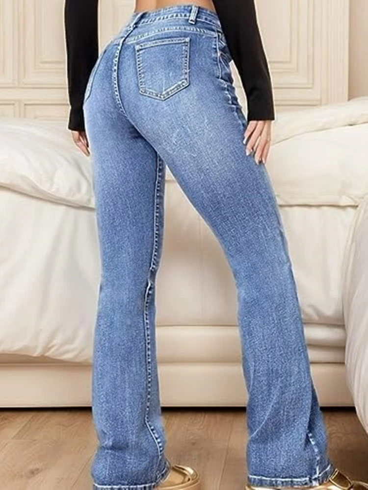 กางเกงยีนส์เดนิมผู้หญิงทรงขาบาน สไตล์ Y2K สตรีทแวร์ ทรงเข้ารูป เอวสูง ทรงตรง หรูหรา อเนกประสงค์ สวมใส่สบาย ปี 2025