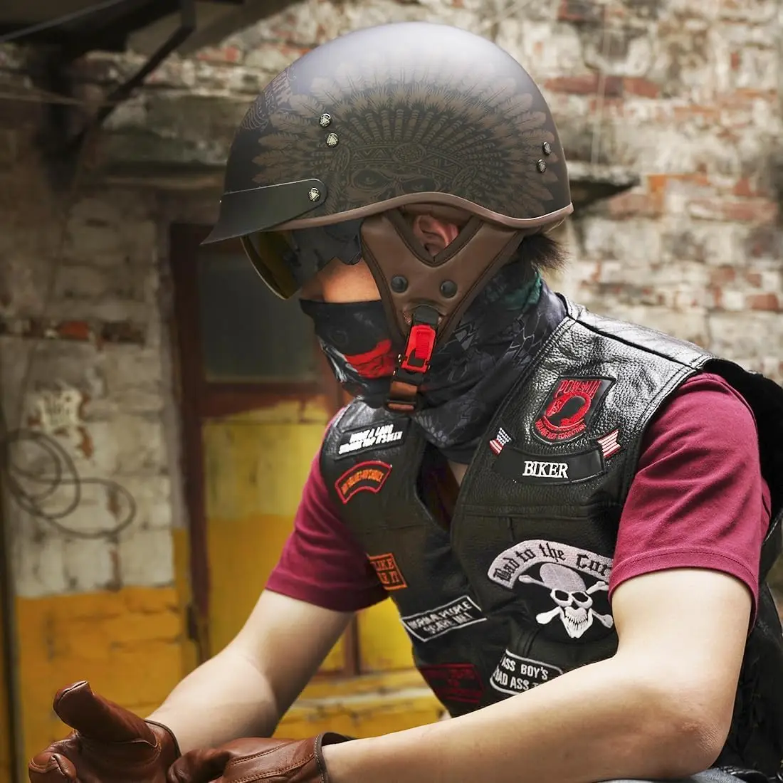 خوذة نصف خوذة دراجة نارية معتمدة من وزارة النقل خوذة مفتوحة الوجه مع قناع من الشمس وإبزيم سريع التحرير للبالغين من الرجال والنساء (F02-، S) #5