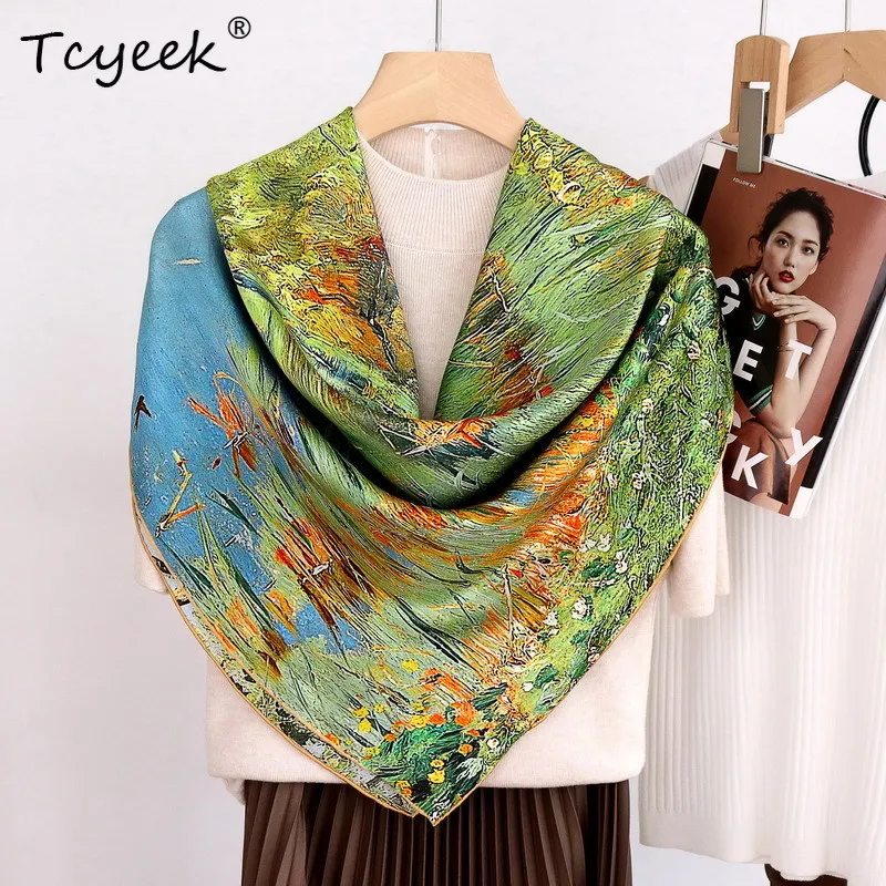 

Tcyeek, 100%Real Slik Elegant Kerchief, 110cm Floral Printed, Mom Gift Commute Fashion Chic Scarf, 2024 Autumn New A47623QM