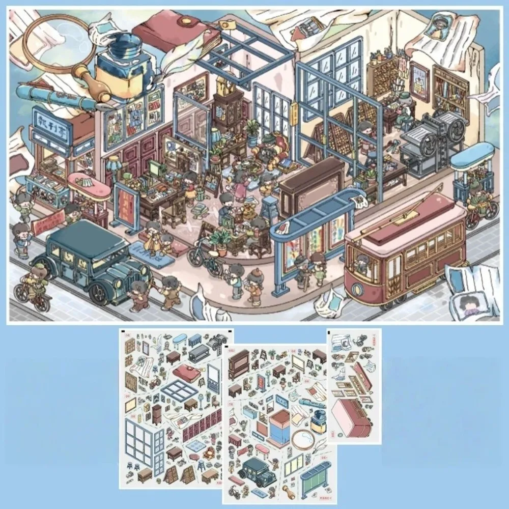 PET 3D Miniature Stickers Die-cut Street Scene Scrapbook Stickers The Way Home Cyber ​​Future Stacking Stickers Creative Crafts