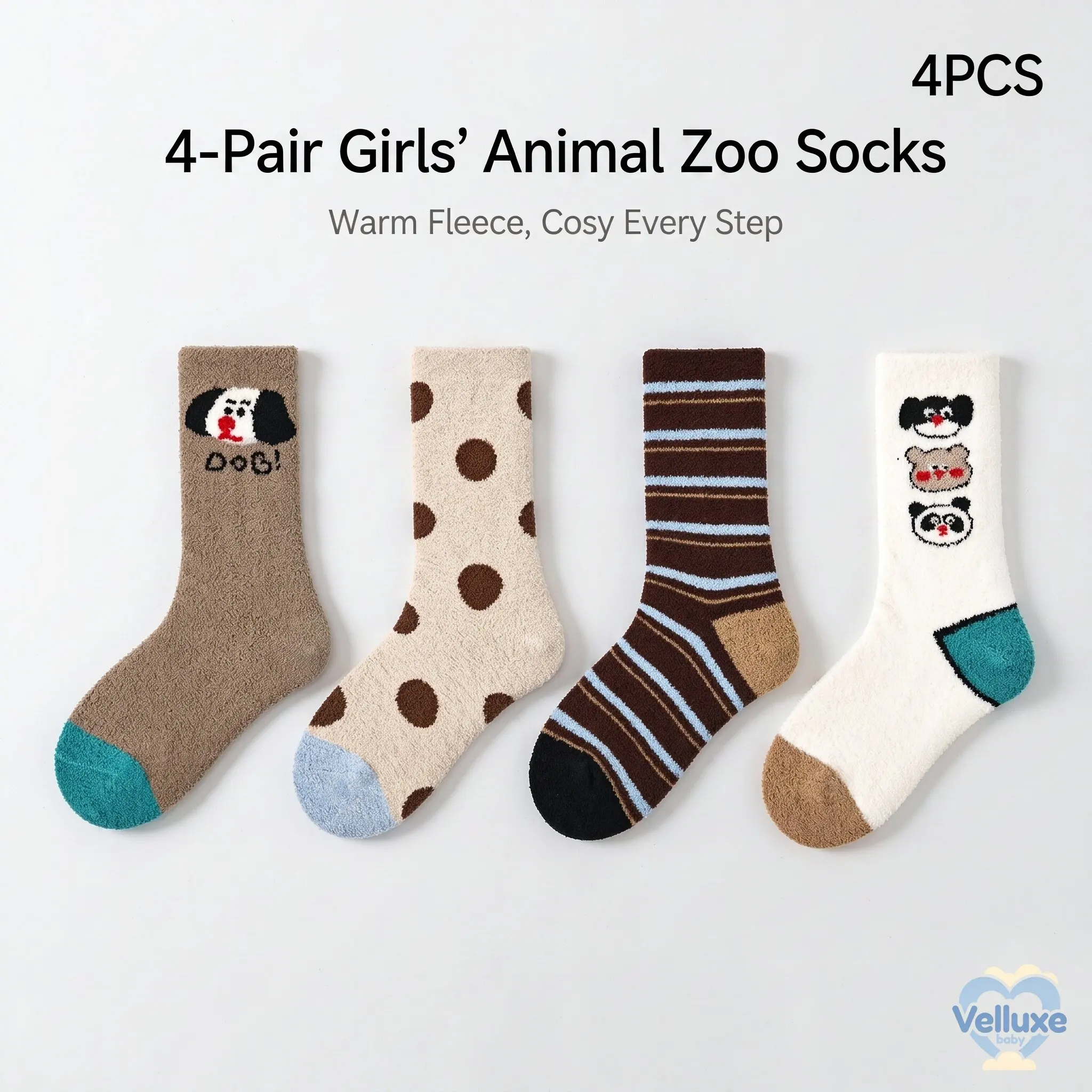 4 Pairs Girls Animal Zoo Half-Fleece Crew Socks, Thick Winter Warm Cartoon Socks for Girls 3-12Y