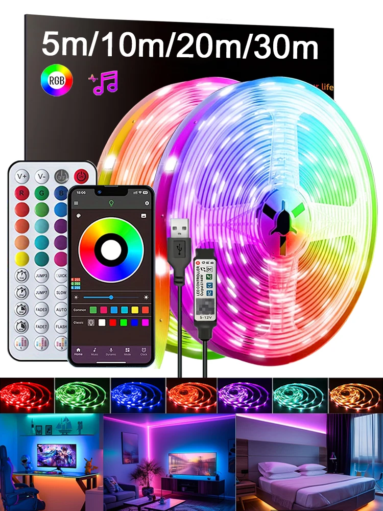 RGB-LED-Streifenlichter für Zimmer, 1 m, 5 m, 10 m, 20 m, 30 m, USB, 5 V, Musik-Synchronisierung, APP-Steuerung, LED-Band, flexibles Band für Schlafzimmer, Heimdekoration